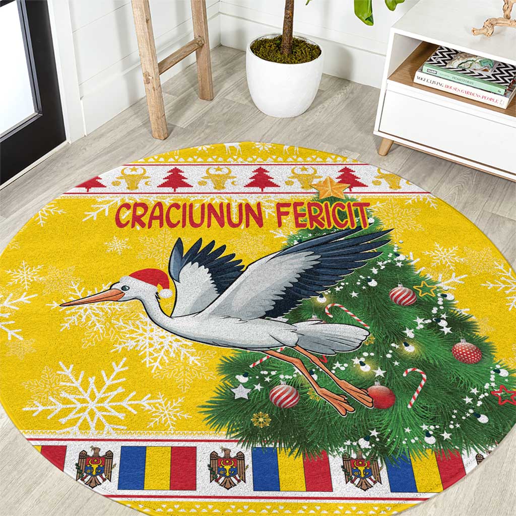 Round yellow Christmas area rug with stork, pine tree, and "CRACIUUNUN FERICIT" text