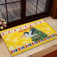 Yellow rubber Christmas doormat with stork and pine tree, multicolor decorative stripe