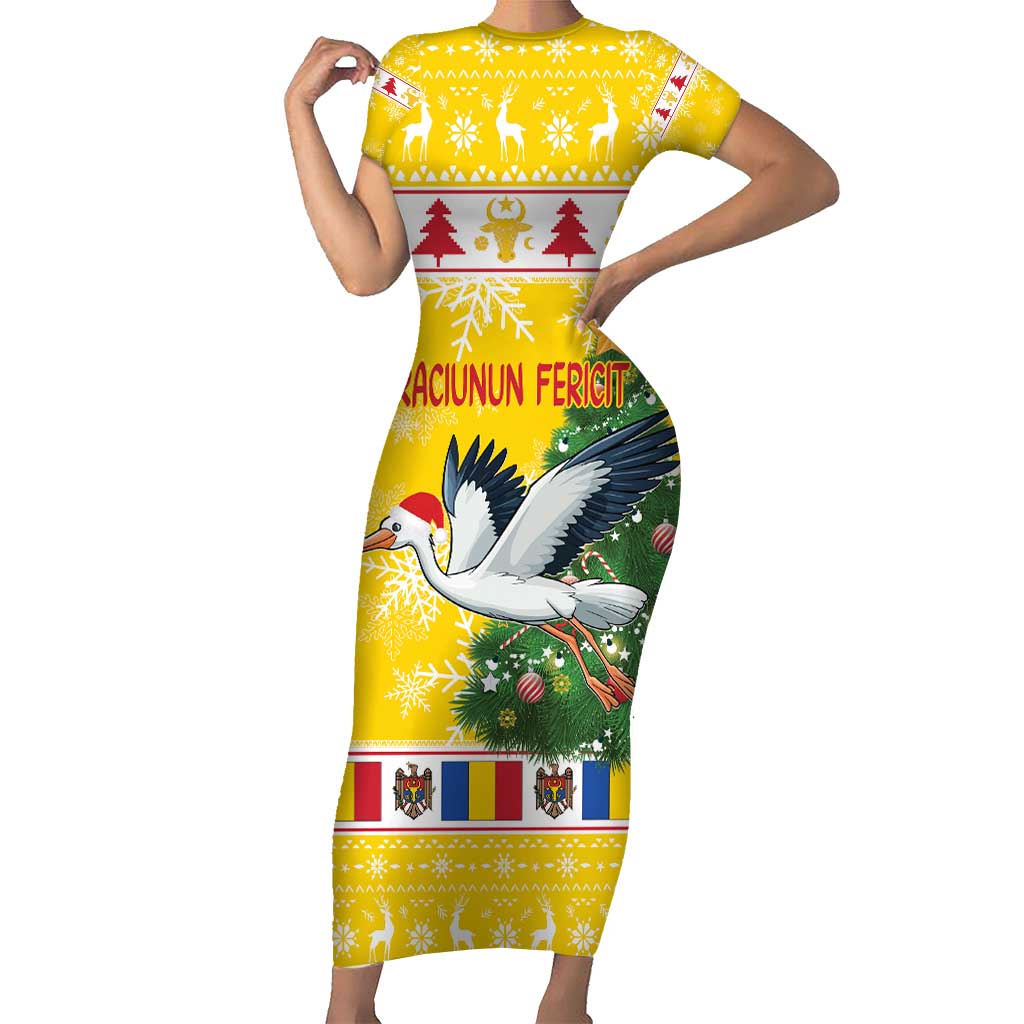 Moldova Christmas Short Sleeve Bodycon Dress White Stork Santa With Christmas Tree - Wonder Print Shop