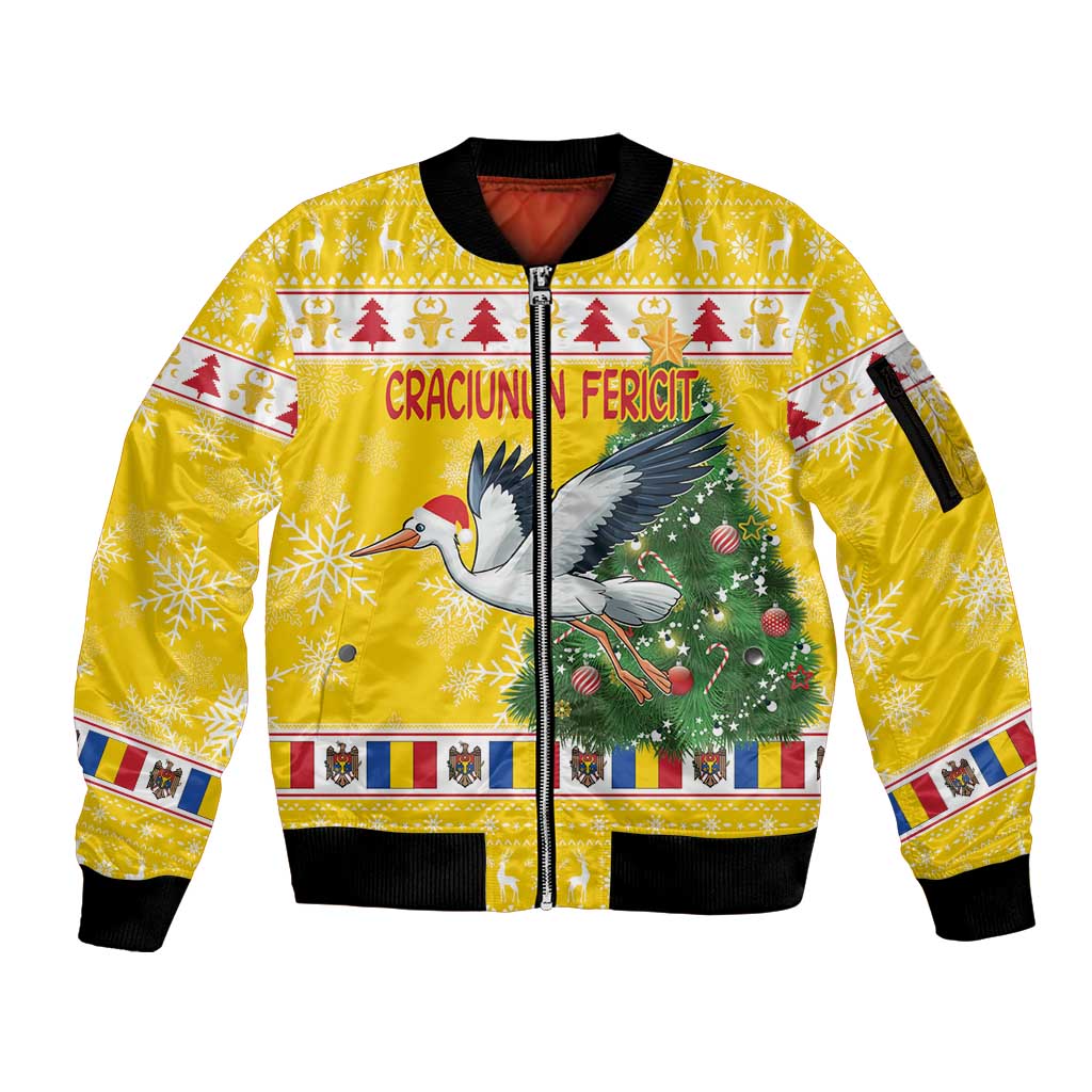 Moldova Christmas Sleeve Zip Bomber Jacket White Stork Santa With Christmas Tree - Wonder Print Shop