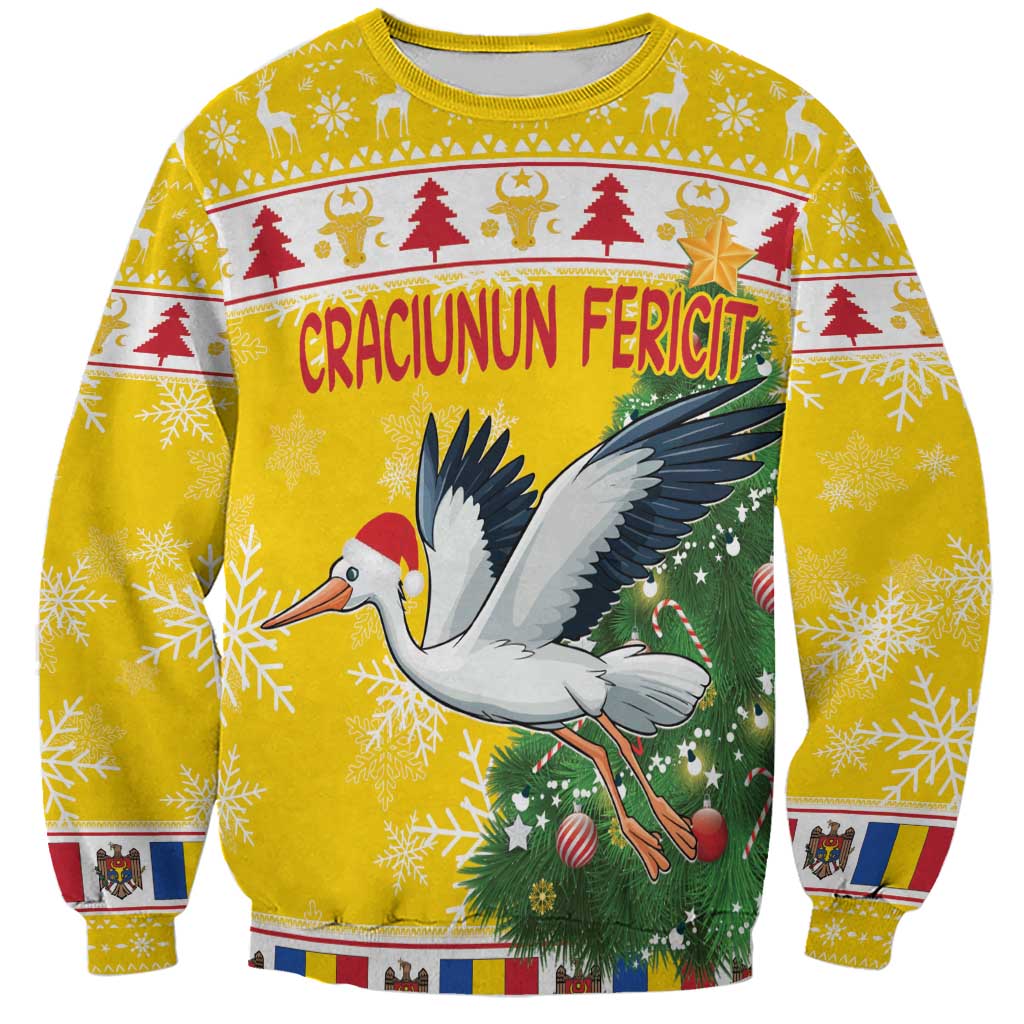 Unisex yellow Christmas sweatshirt with stork, Santa, and tree graphic