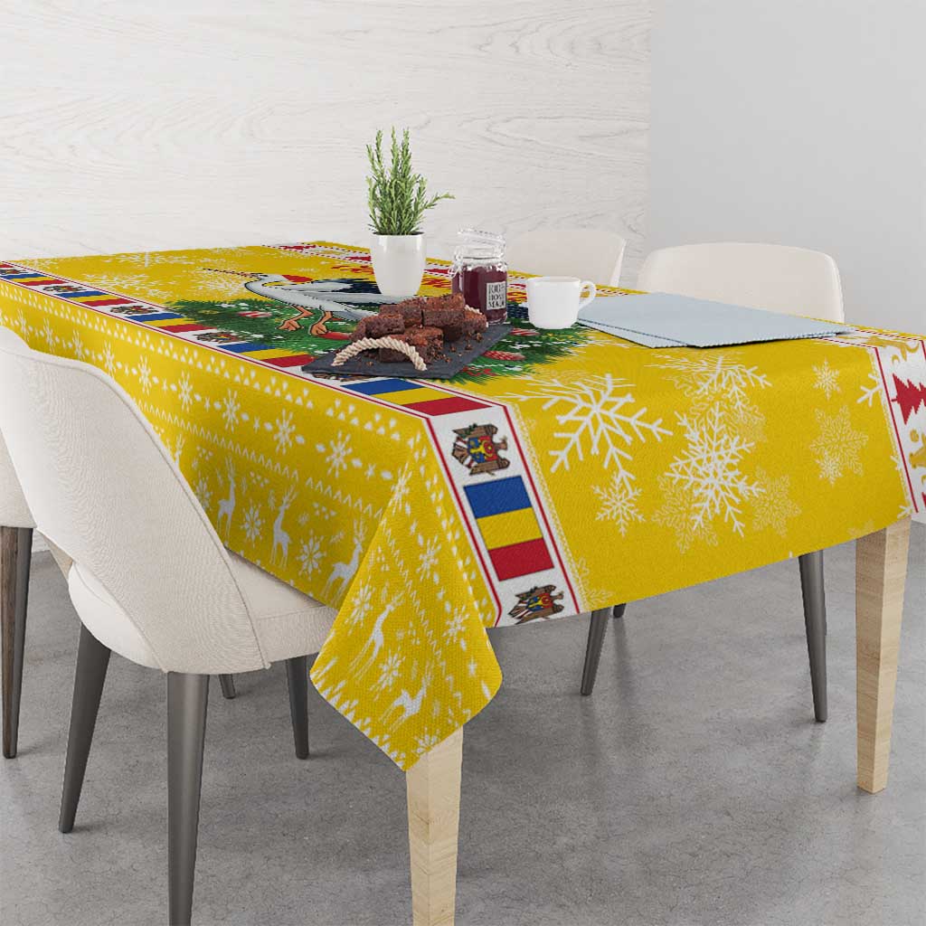 Yellow tablecloth with stork, Christmas tree, and snowflake patterns