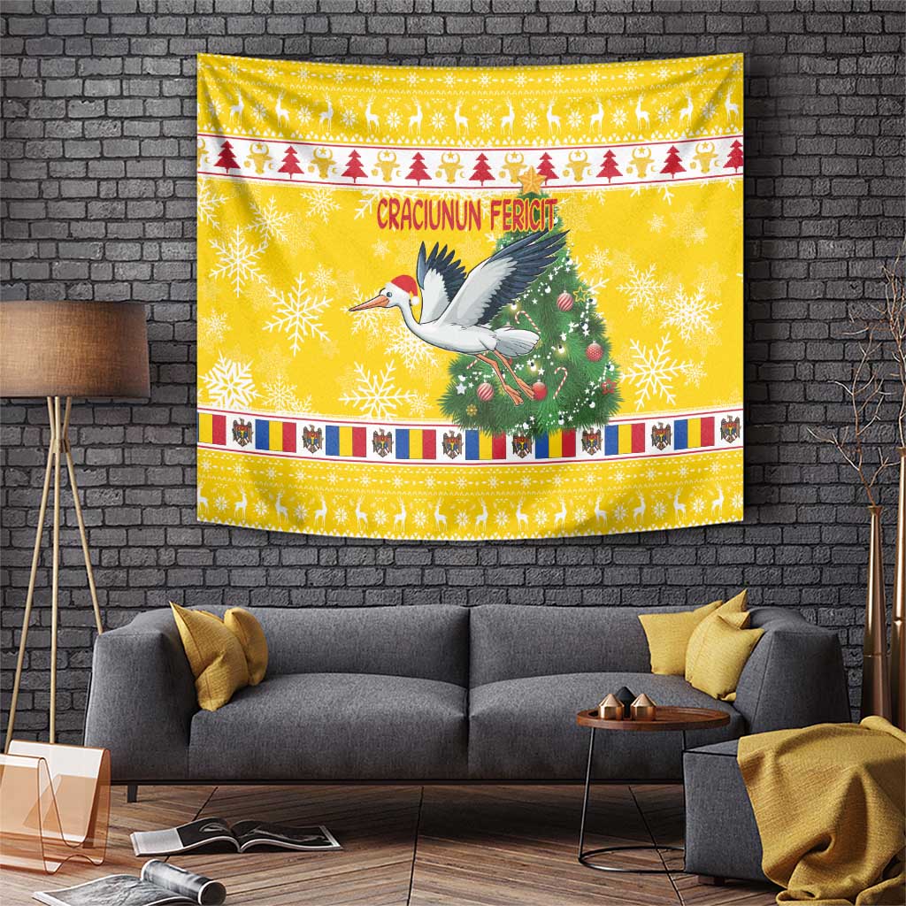 Yellow Christmas tapestry with stork, Santa, and decorated Christmas tree with snowflakes