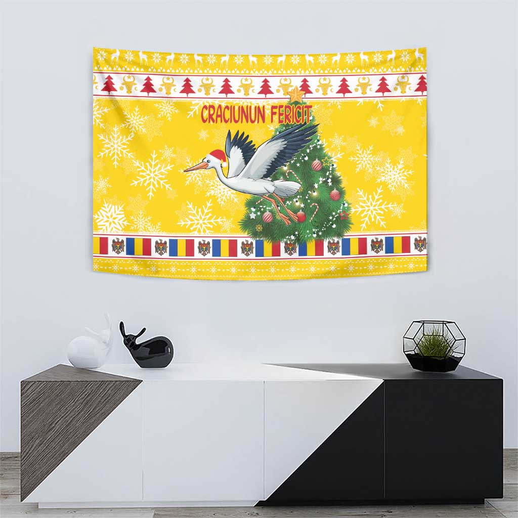 Yellow tapestry with stork, Santa, and Christmas tree, framed by festive stripe borders