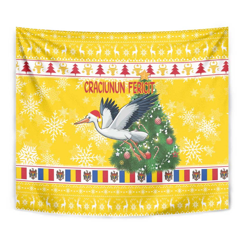Yellow Christmas tapestry close-up with “CRACIUNUN FERICIT”, stork, Santa, and tree