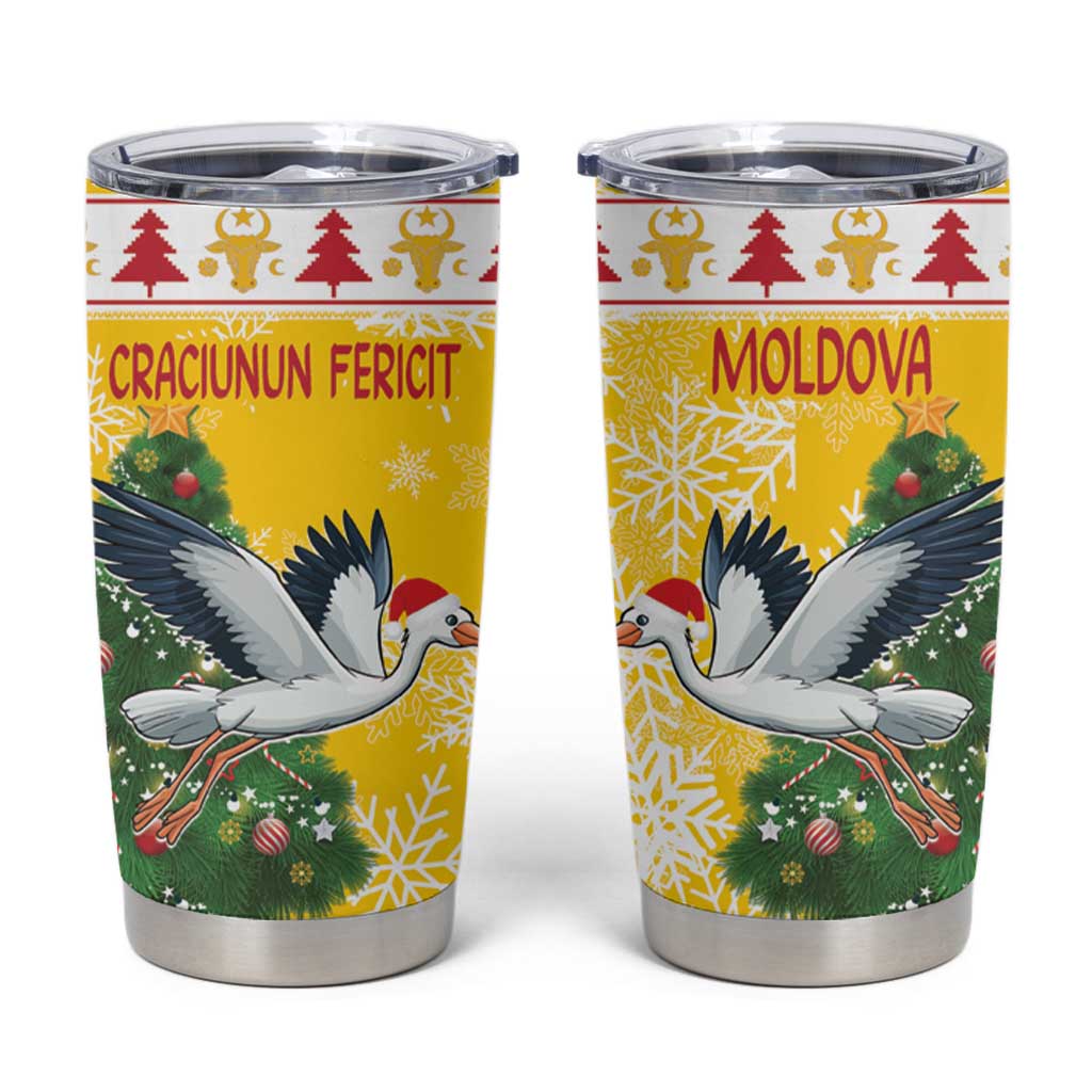 Moldova Christmas Tumbler Cup White Stork Santa With Christmas Tree - Wonder Print Shop