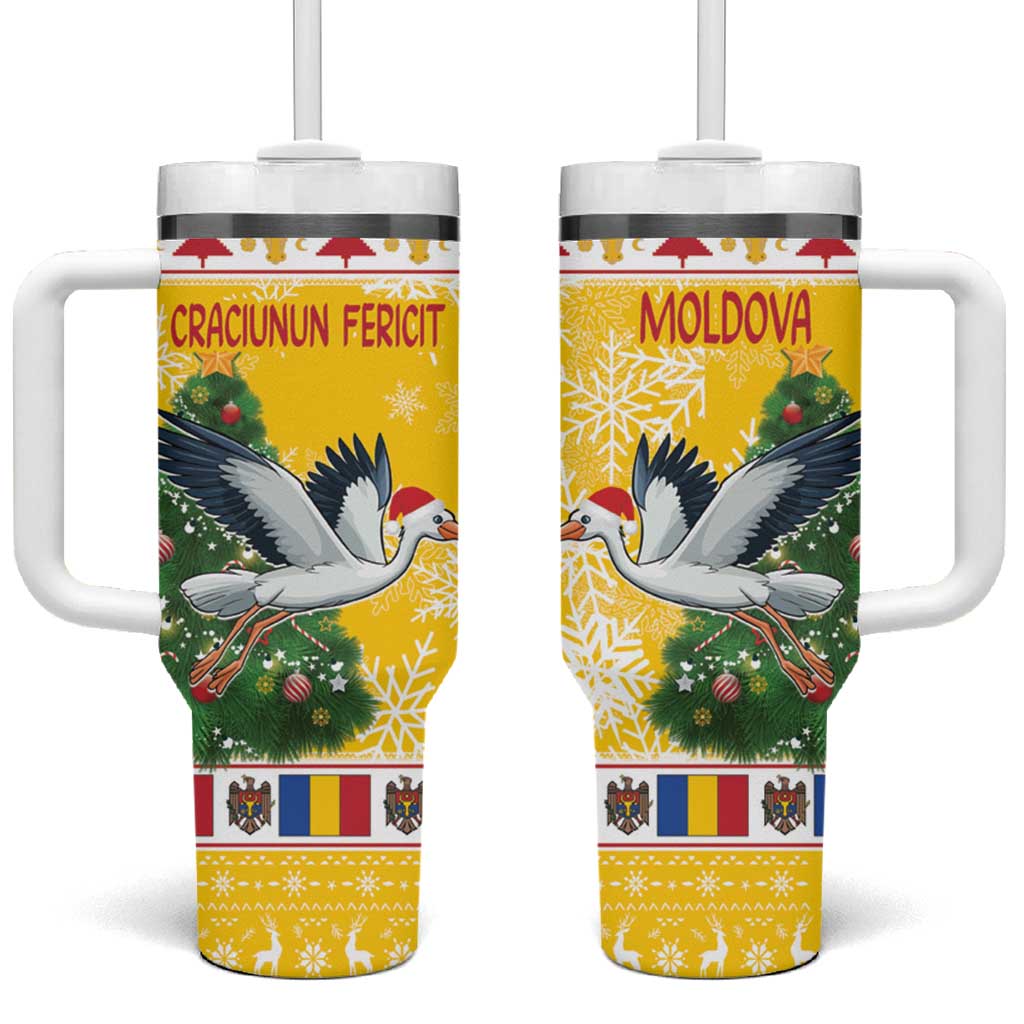 Moldova Christmas Tumbler With Handle White Stork Santa With Christmas Tree - Wonder Print Shop