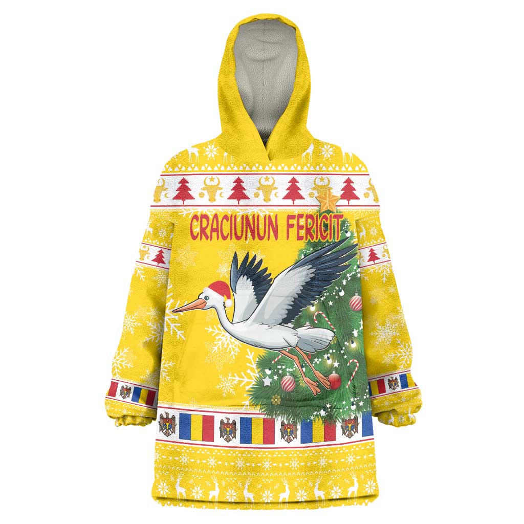 Moldova Christmas Wearable Blanket Hoodie White Stork Santa With Christmas Tree