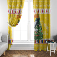Yellow Christmas window curtain with stork-and-tree print and colorful decorative band