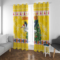 Yellow Christmas window curtain pair with stork and Christmas tree prints plus striped trim