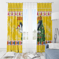 Yellow Christmas window curtain pair with stork, trees, and holiday border trim