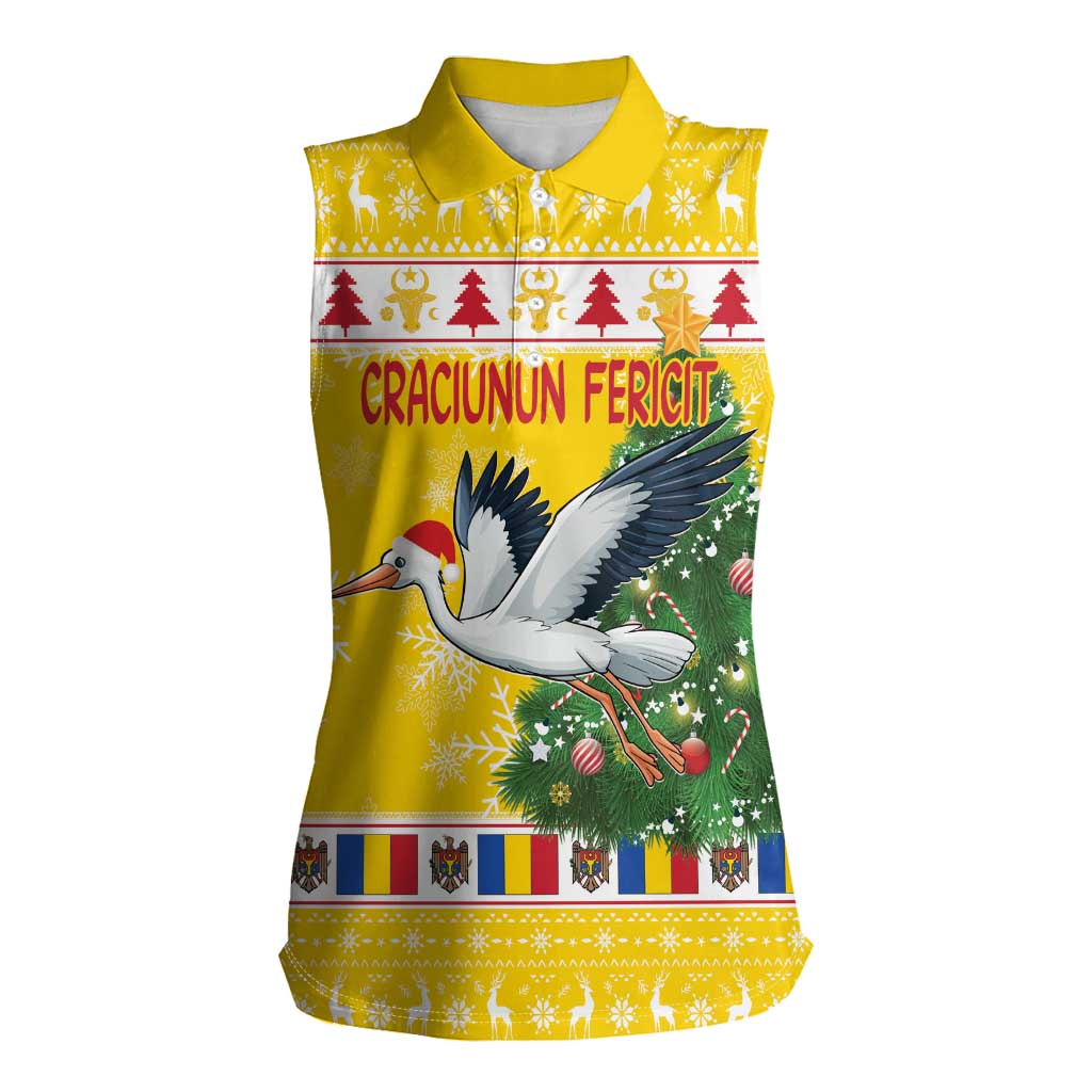 Moldova Christmas Women Sleeveless Polo Shirt White Stork Santa With Christmas Tree - Wonder Print Shop