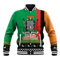 Green baseball jacket with striped rib collar and Christmas-themed Zambia graphic front