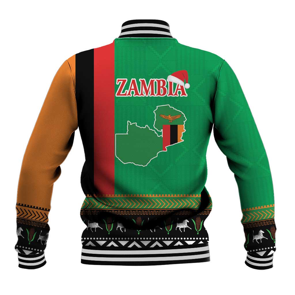 Green baseball jacket with striped rib hem and Zambia map graphic on back