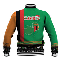 Green baseball jacket with striped rib hem and Zambia map graphic on back