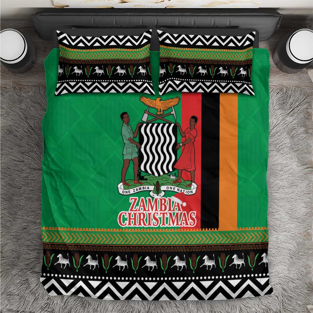 Green Christmas bedding set with central flag panel, figures, and black-white zigzag border