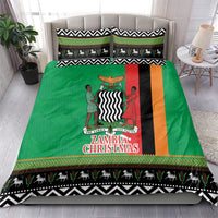 Green Christmas bedding set on bed with matching pillows, animal band, and Kente-style trim
