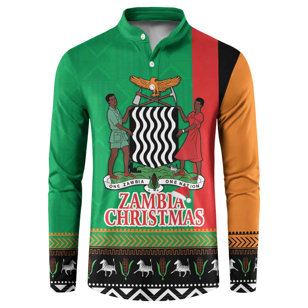 Green button-front sweatshirt with colorful side panels and Zambia Christmas graphic