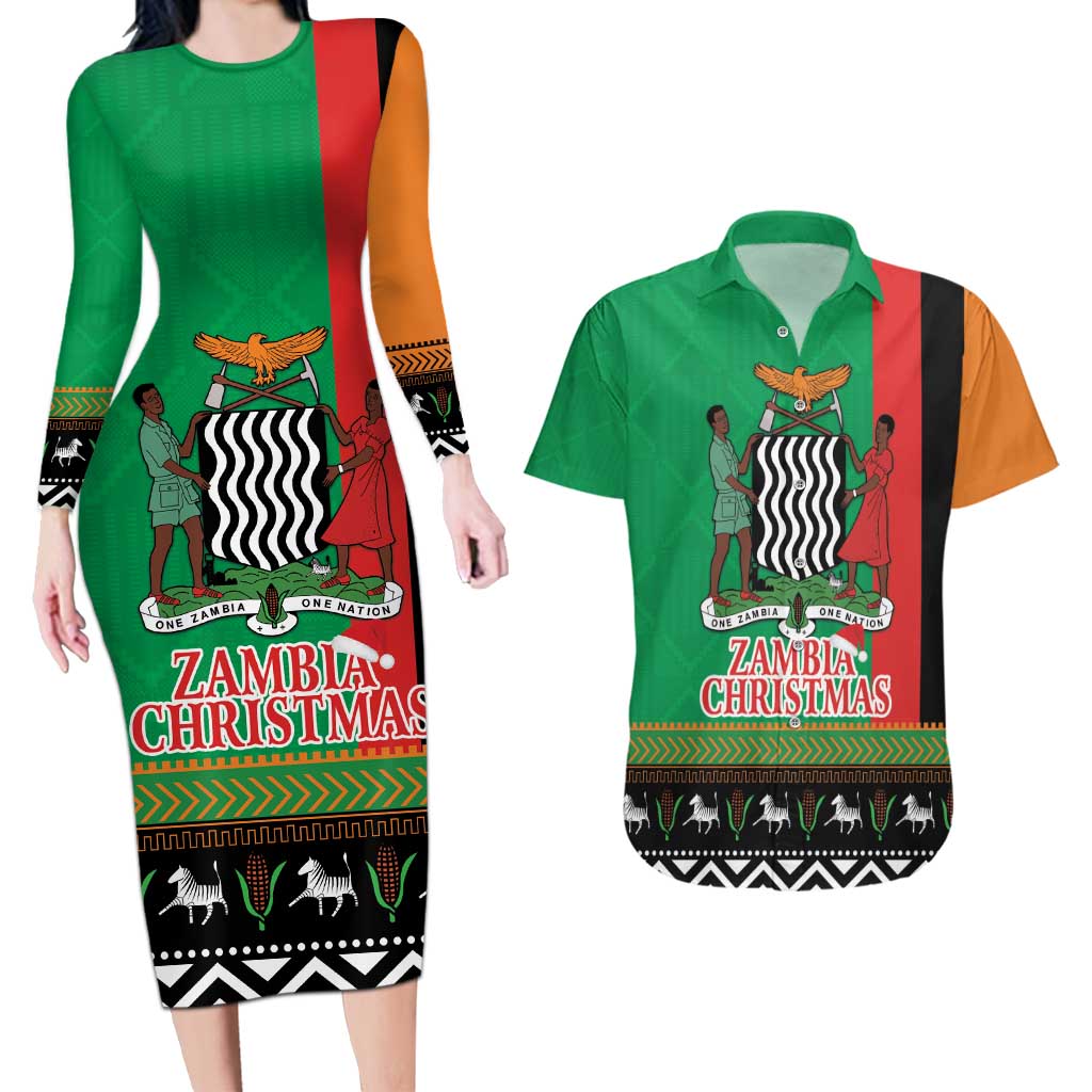 Zambia Christmas Couples Matching Long Sleeve Bodycon Dress and Hawaiian Shirt One Zambia One Nation With Kente Pattern - Wonder Print Shop