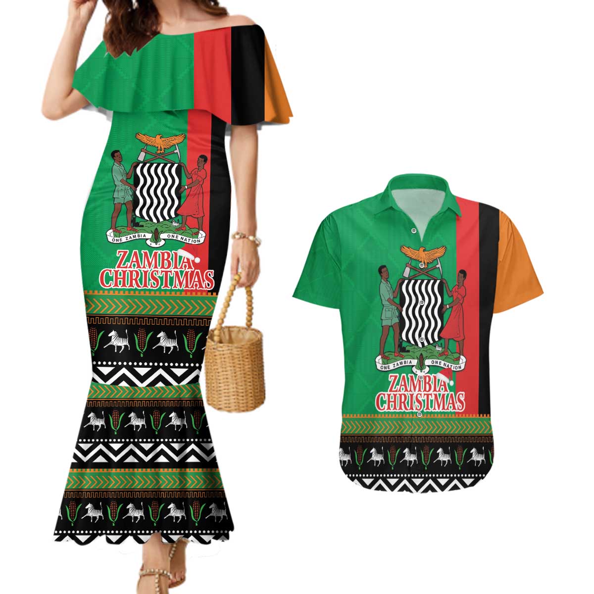 Zambia Christmas Couples Matching Mermaid Dress and Hawaiian Shirt One Zambia One Nation With Kente Pattern - Wonder Print Shop