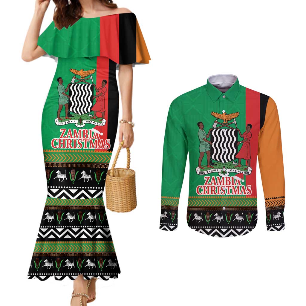 Zambia Christmas Couples Matching Mermaid Dress and Long Sleeve Button Shirt One Zambia One Nation With Kente Pattern