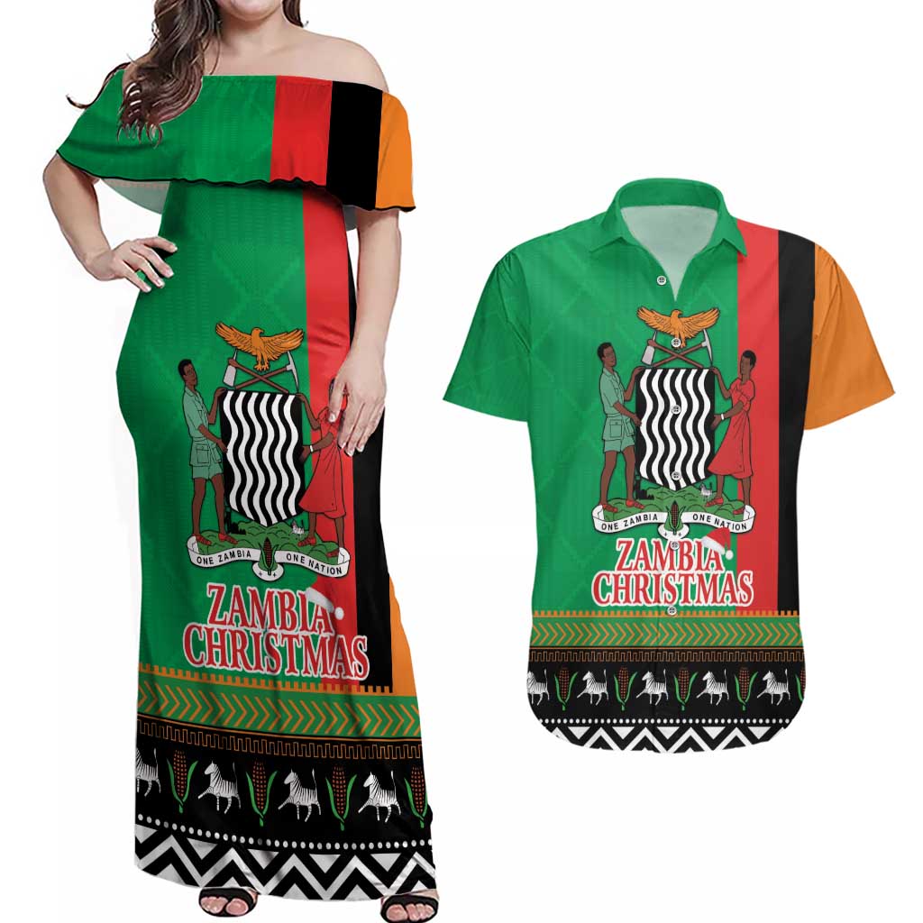 Zambia Christmas Couples Matching Off Shoulder Maxi Dress and Hawaiian Shirt One Zambia One Nation With Kente Pattern - Wonder Print Shop