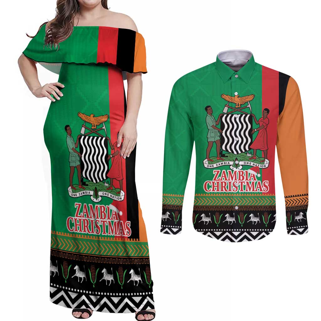 Zambia Christmas Couples Matching Off Shoulder Maxi Dress and Long Sleeve Button Shirt One Zambia One Nation With Kente Pattern - Wonder Print Shop