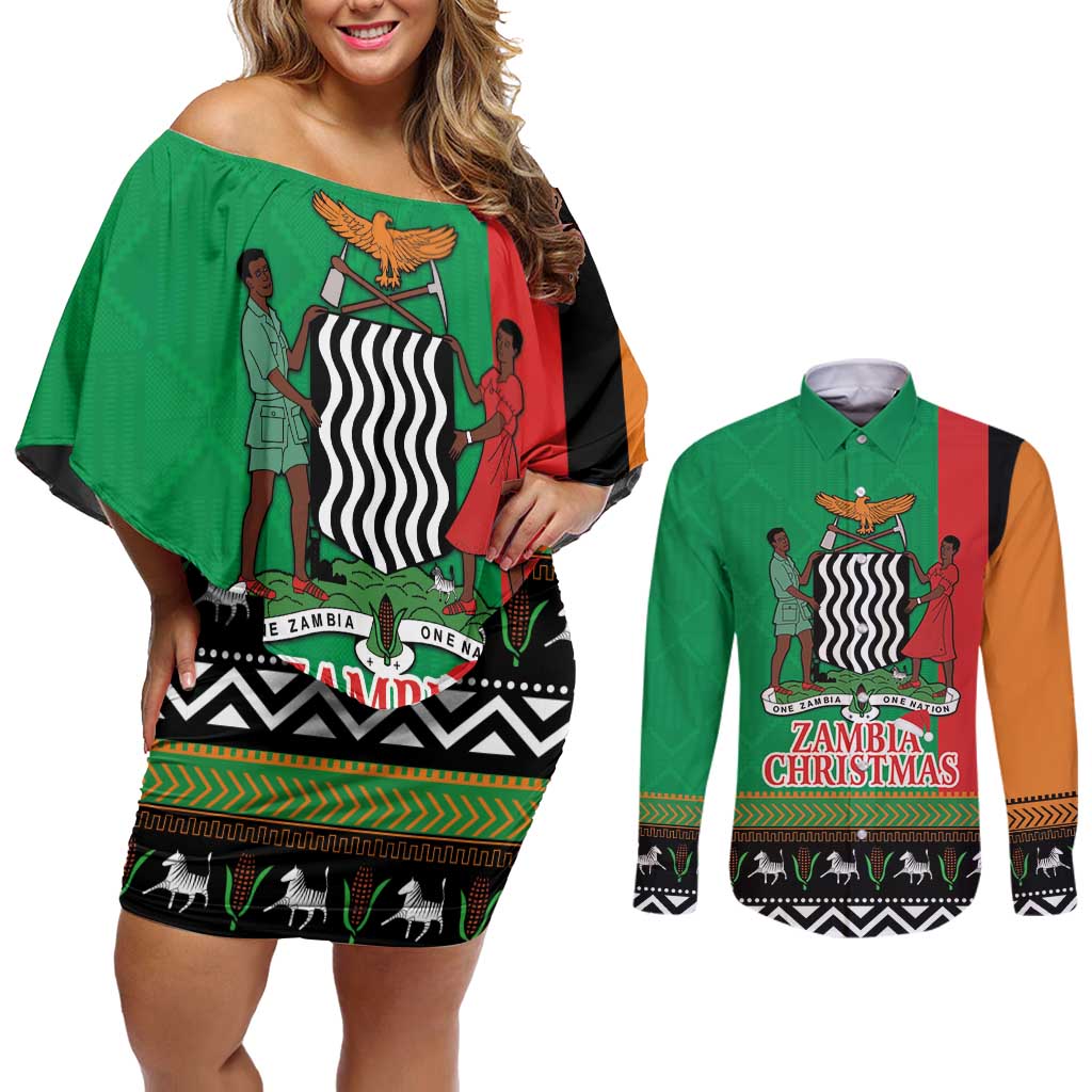 Zambia Christmas Couples Matching Off Shoulder Short Dress and Long Sleeve Button Shirt One Zambia One Nation With Kente Pattern - Wonder Print Shop