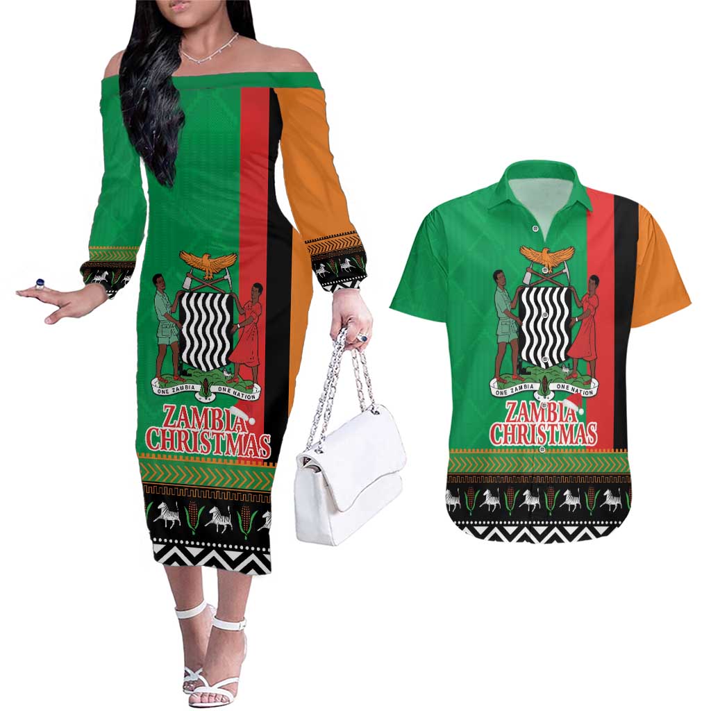 Zambia Christmas Couples Matching Off The Shoulder Long Sleeve Dress and Hawaiian Shirt One Zambia One Nation With Kente Pattern - Wonder Print Shop