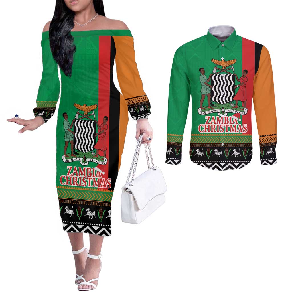 Zambia Christmas Couples Matching Off The Shoulder Long Sleeve Dress and Long Sleeve Button Shirt One Zambia One Nation With Kente Pattern