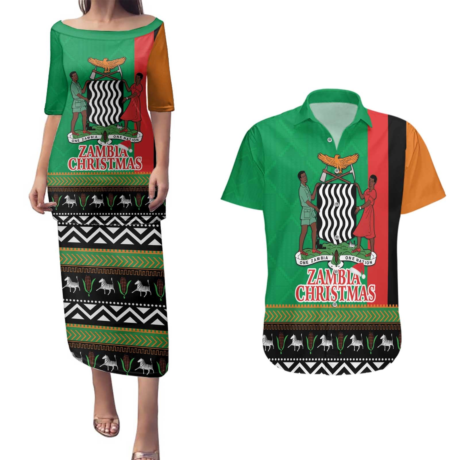 Zambia Christmas Couples Matching Puletasi and Hawaiian Shirt One Zambia One Nation With Kente Pattern - Wonder Print Shop