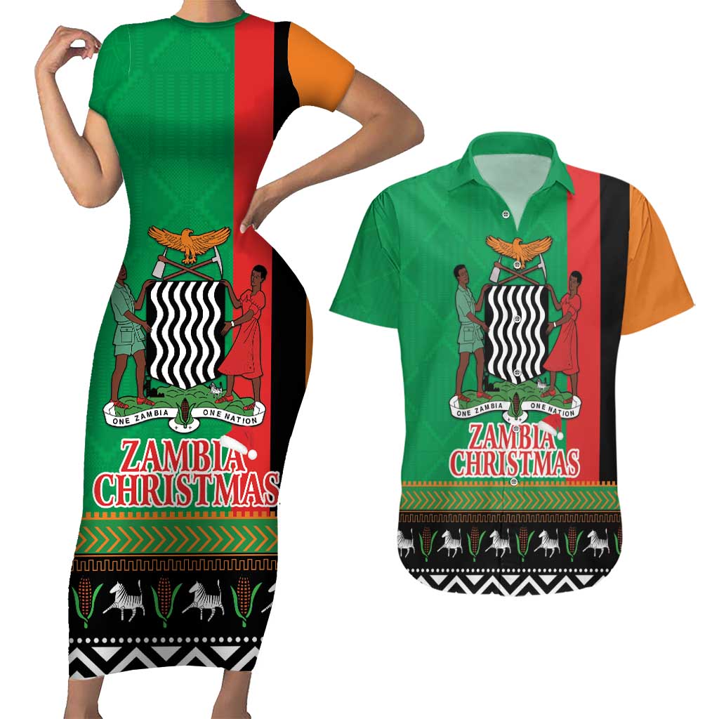 Zambia Christmas Couples Matching Short Sleeve Bodycon Dress and Hawaiian Shirt One Zambia One Nation With Kente Pattern - Wonder Print Shop