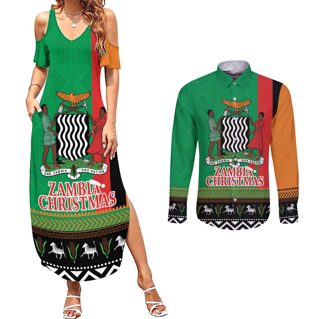 Zambia Christmas Couples Matching Summer Maxi Dress and Long Sleeve Button Shirt One Zambia One Nation With Kente Pattern - Wonder Print Shop