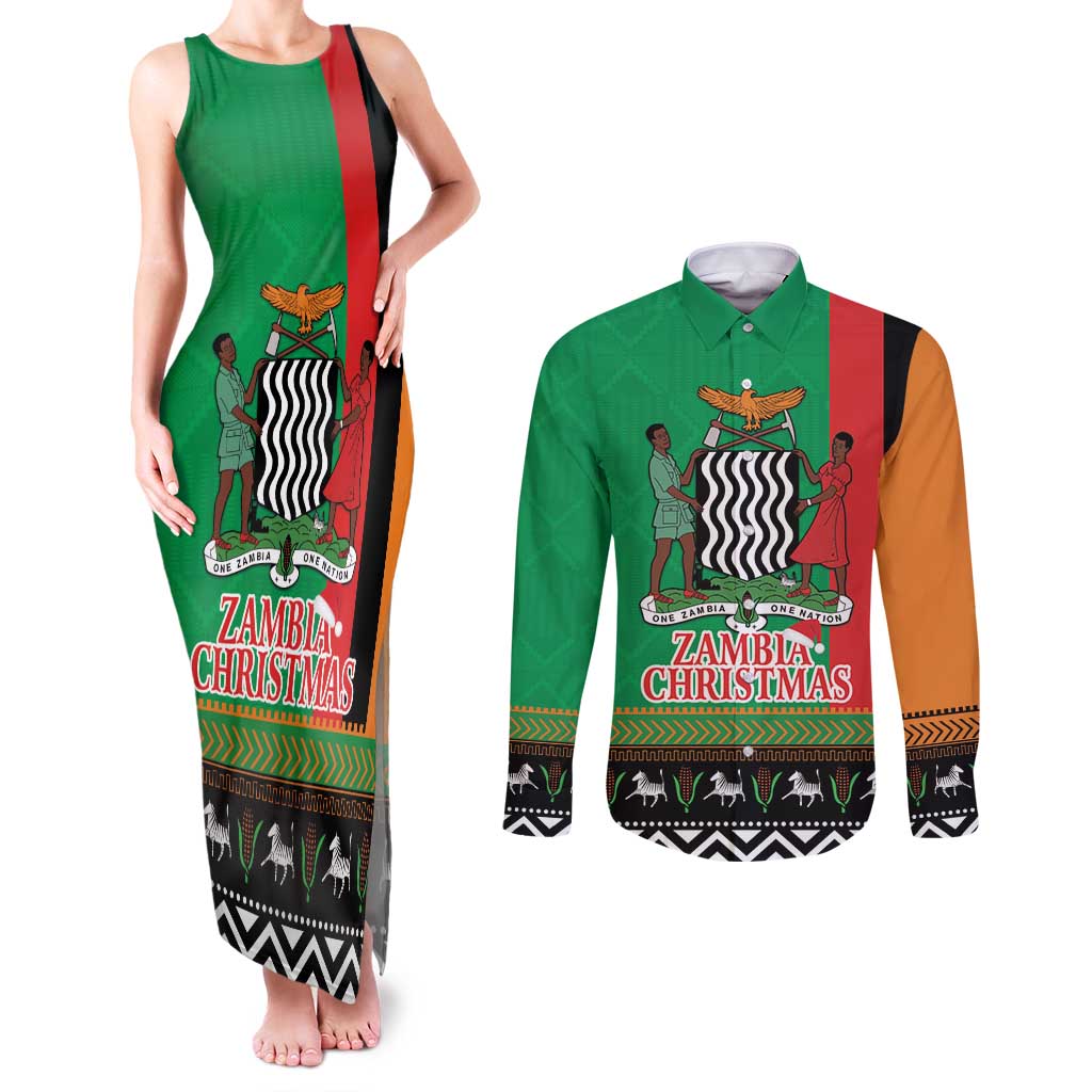 Zambia Christmas Couples Matching Tank Maxi Dress and Long Sleeve Button Shirt One Zambia One Nation With Kente Pattern - Wonder Print Shop