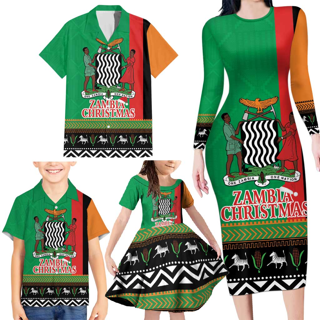 Zambia Christmas Family Matching Long Sleeve Bodycon Dress and Hawaiian Shirt One Zambia One Nation With Kente Pattern - Wonder Print Shop