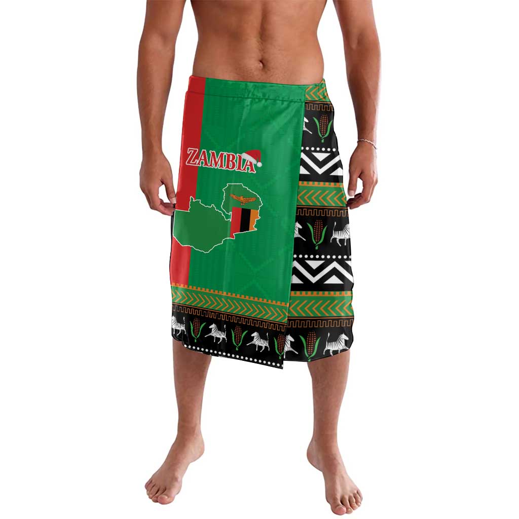 Green lavalava skirt with kente stripes, Zambia map graphic, and animal silhouettes