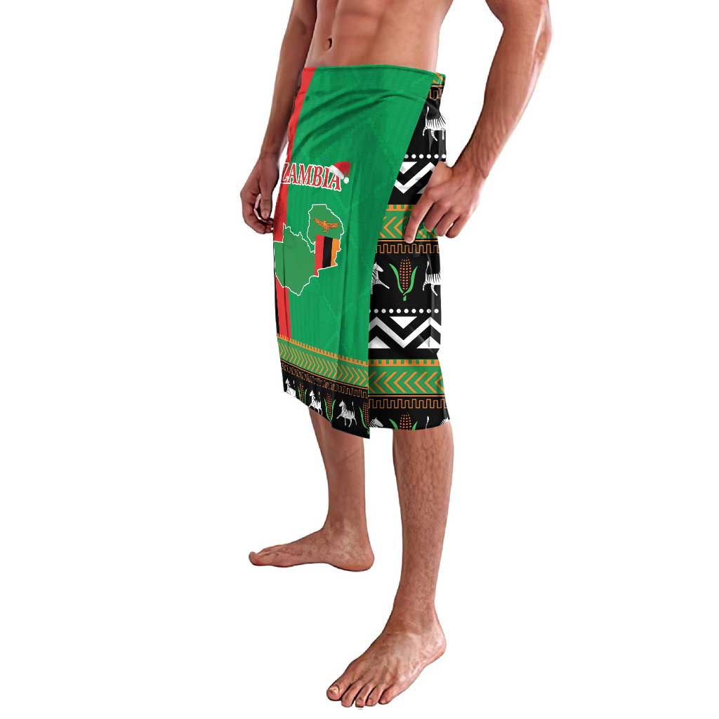 Green lavalava skirt with side kente borders, Zambia map graphic, and animal silhouettes