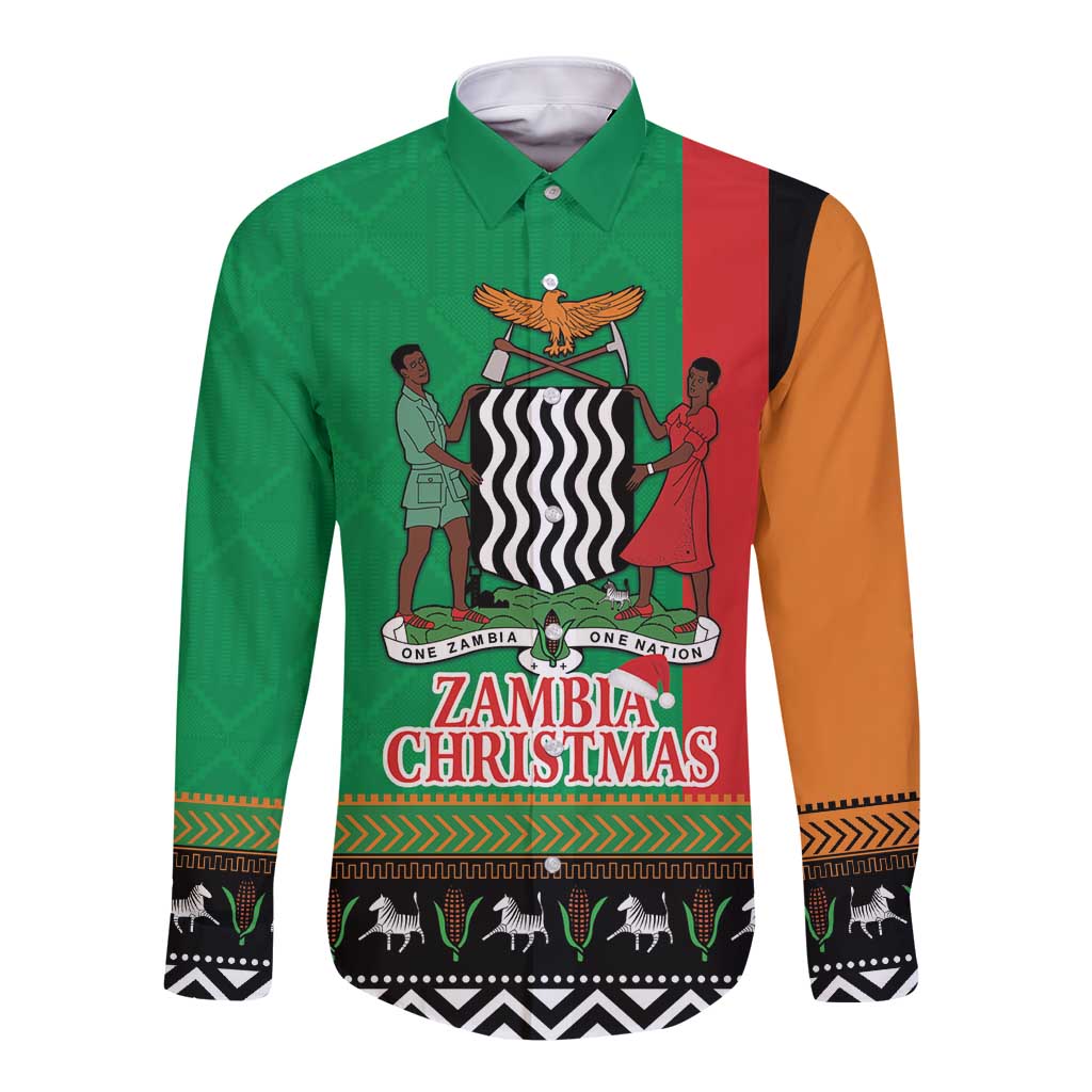 Green long-sleeve button shirt with Zambia Christmas front graphic and kente cuffs