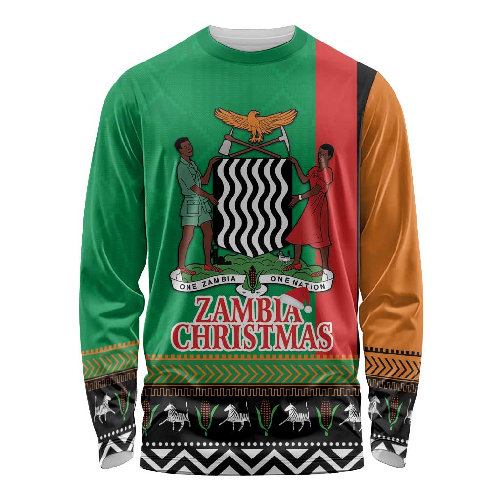 Zambia Christmas Long Sleeve Shirt One Zambia One Nation With Kente Pattern - Wonder Print Shop