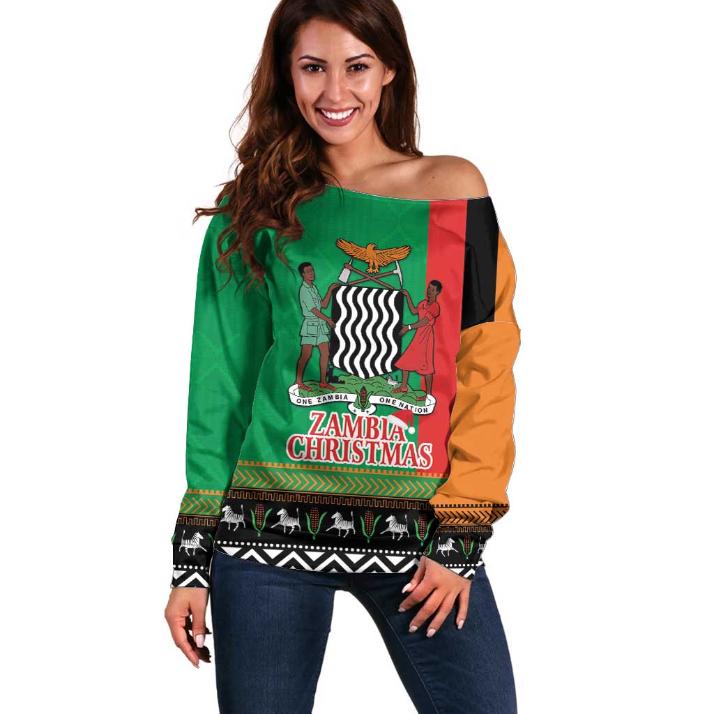 Zambia Christmas Off Shoulder Sweater One Zambia One Nation With Kente Pattern