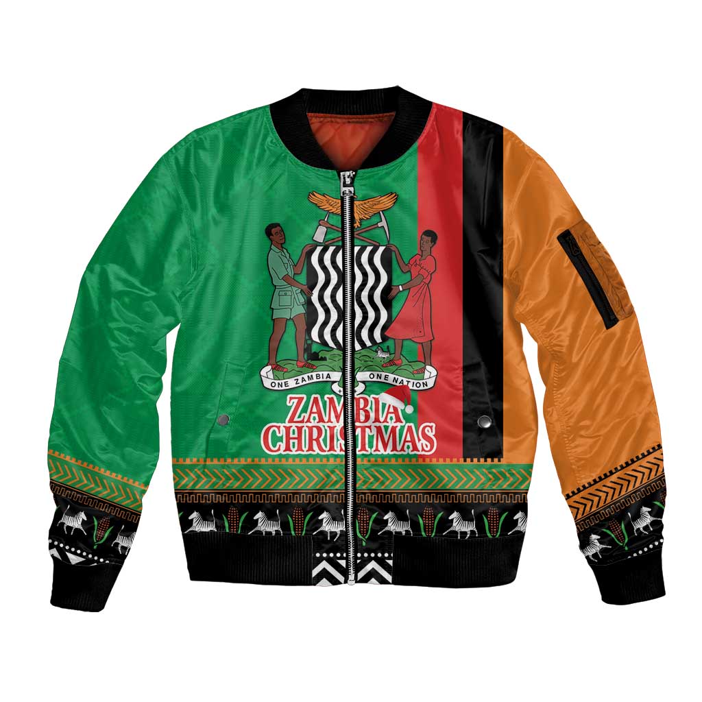 Zambia Christmas Sleeve Zip Bomber Jacket One Zambia One Nation With Kente Pattern - Wonder Print Shop