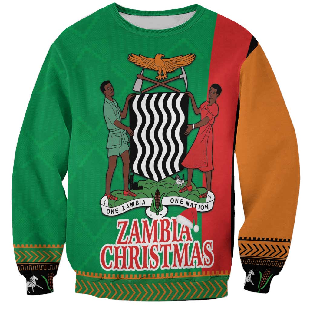 Green unisex sweatshirt with front graphic, ZAMBIA CHRISTMAS text, kente trim.