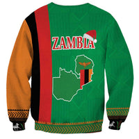 Green unisex sweatshirt with back map graphic and ZAMBIA text, colorful side stripes, trim.