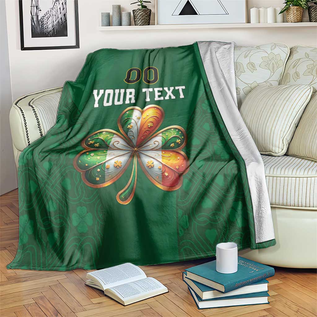 Green custom rugby blanket with shamrock graphic and “YOUR TEXT” design