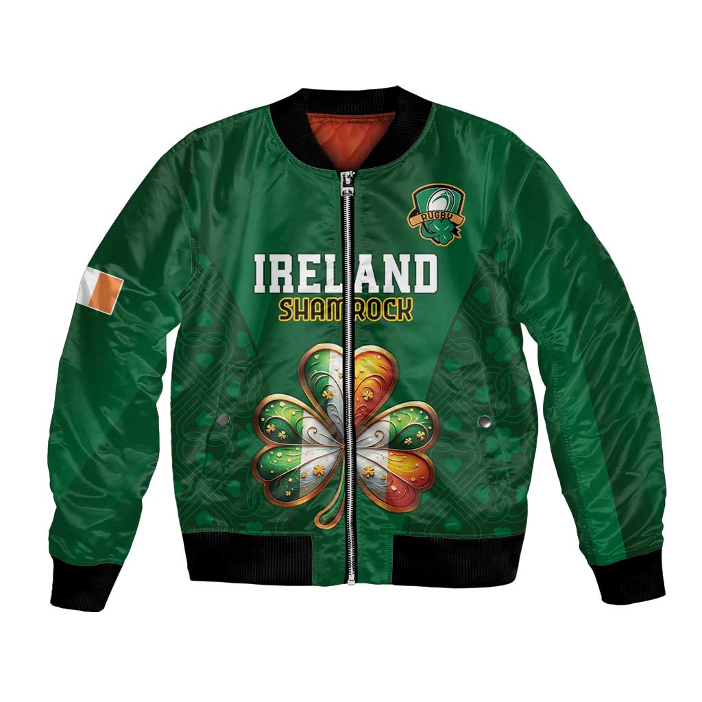 Green bomber jacket with full-zip front and Ireland Shamrock graphic, black ribbed cuffs