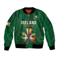 Green bomber jacket with full-zip front and Ireland Shamrock graphic, black ribbed cuffs