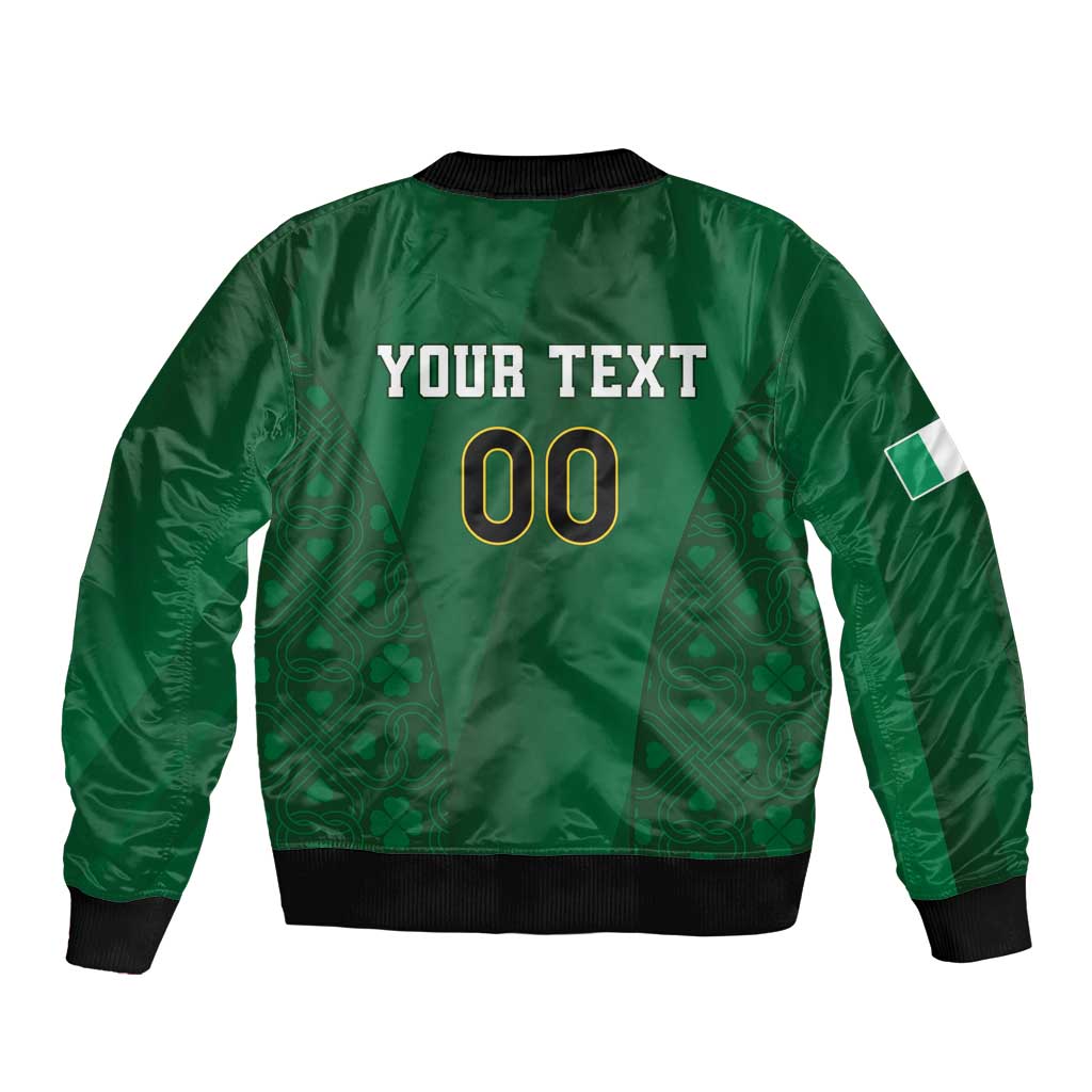 Green bomber jacket with back 'YOUR TEXT' and '00', black ribbed cuffs and hem