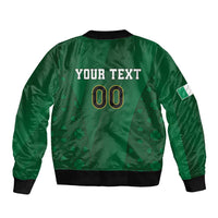 Green bomber jacket with back 'YOUR TEXT' and '00', black ribbed cuffs and hem