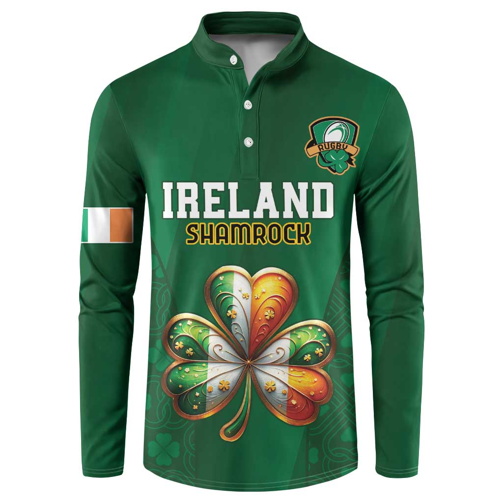 Green rugby button sweatshirt with Ireland Shamrock text and shamrock heart print