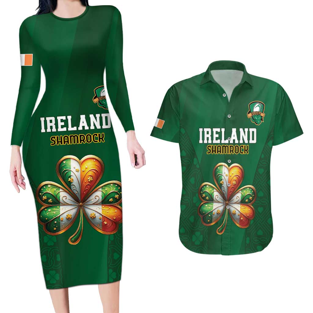 Custom Ireland Rugby Couples Matching Long Sleeve Bodycon Dress and Hawaiian Shirt Shamrock With Ireland Flag Colors